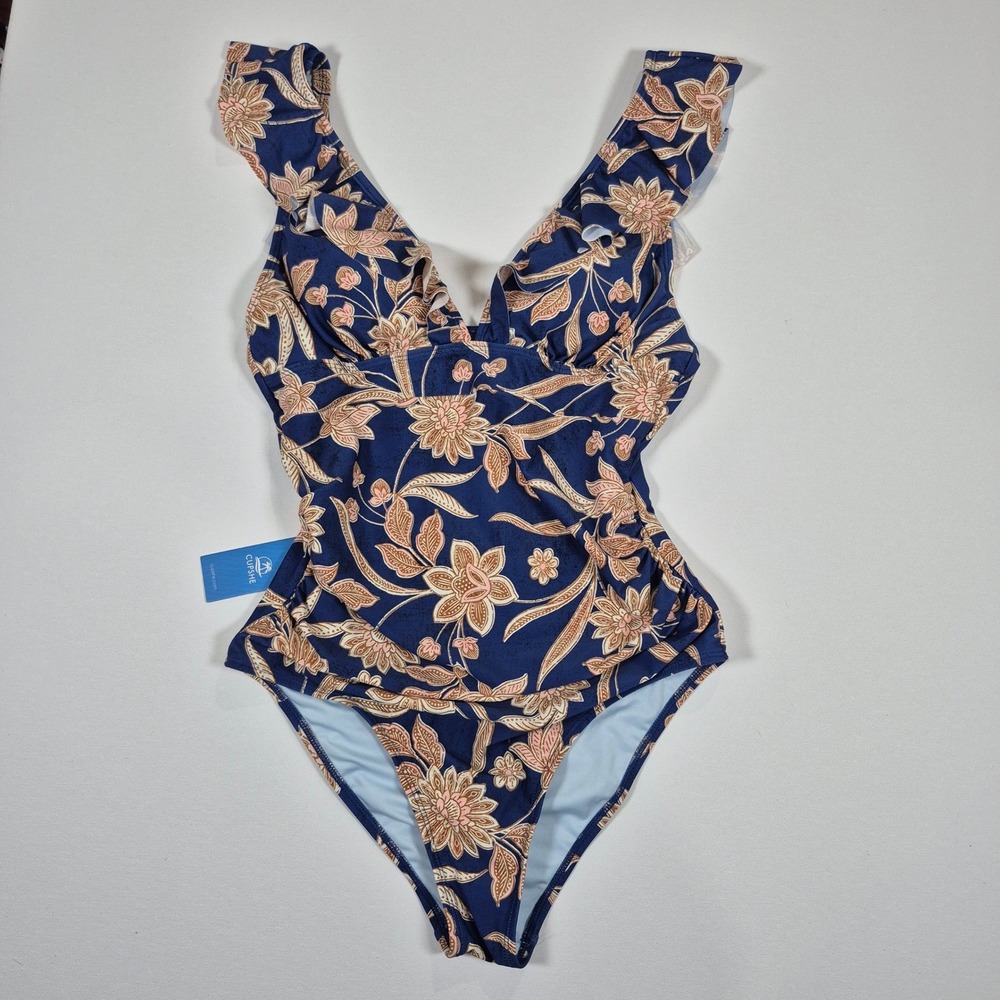 Cupshe Floral Ruffle V-Neck One Piece Swimsuit Navy Blue‎ Pink New Medium